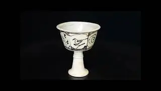 12世紀　宋　磁州窯　鉄絵面取り馬上盃　12C. Song dynasty Ci zhou yao Iron painted Heptagon cup with stem