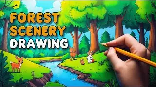 Forest scenery drawing with animals step by step | Nature and wildlife drawing | Forest drawing easy
