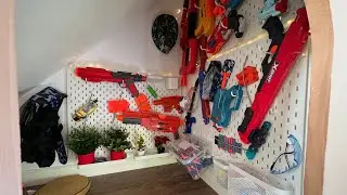 Nerf gun base den understairs using ikea skadis pegboards wall storage