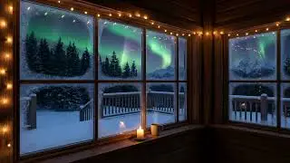 Northern Lights Cozy Cabin Window | Snowy Night Ambience &bull; Jazz & Piano Music