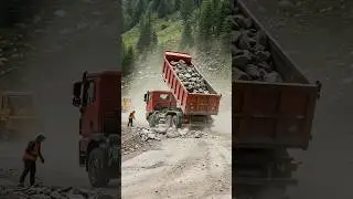 🚨Dumping Disaster! Red Truck FLIPS While Unloading Rocks ⛰️💥  #shortvideo #dumptruck #truckfail