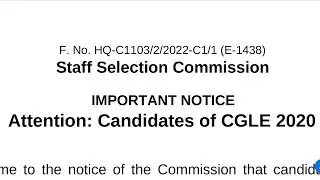 Important Notice - Candidates of CGLE 2020 From Staff Selection Commission