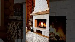 Cozy Log Cabin Living Room with Fireplace & Snowy Forest View