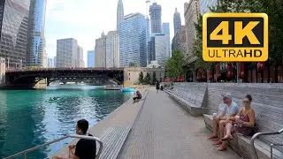 CHICAGO RIVERWALK: Early morning scenic bike ride [4K]