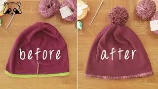 Transform Old Fleece Hat with Yarn and Pom Pom (Before-After)