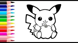 MENGGAMBAR DAN MEWARNAI KARTUN POKEMON PIKACHU, pikachu dan apel, drawing and coloring