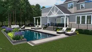 Pool with travertine, fire bowls, water features, and covered space