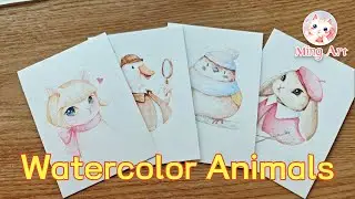 Watercolor Painting ,Cat, Duck, Bird, Rabbit | anthropomorphic animals, drawing process, 🐦🐱🐰🦆