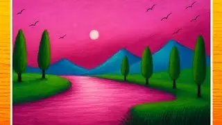 Oil Pastels Drawing | Easy Sunrise Landscape Scenery Easy Drawing Step by Step Tutorial for Beginner