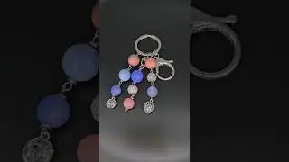 Blue Agate and Peach Jade Silver Bag Charm Keychain with Crystal Accents