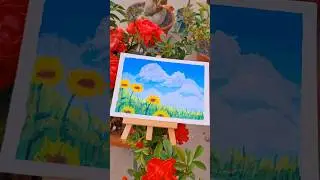 Painting a Blue Sky and Sunflowers | Scenic Art on Canvas 🌻✨ #paintingprocess #acryliclandscape