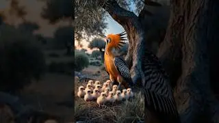 A Mother Hoopoe and Her Chicks Rest Beneath an Olive Tree at Dusk #hoopoe #birds #bird #nature