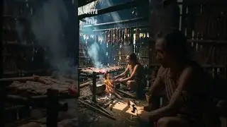 Tribal Man Roasts Meat Over Open Fire #viralshorts #shorts #trending