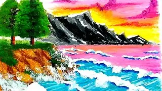 Oil Pastel Seascape Drawing | Colorful Sunset Waves & Mountains Tutorial #drawing #sea #oilpastel 