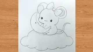 Cute mouse sitting on cloud and playing with moon easy pencil drawing