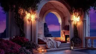 Cozy atmosphere in a palace in ancient Greece - Ambience with rain and fireplace