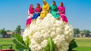 Village cooking food! Miniature punjabi women cooking a giant gobhi pakoda recipe