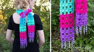 HOW to CROCHET SUMMER JEWELS SCARF with Pretty Beaded Fringe by Naztazia