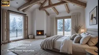 Scandinavian Master Bedroom | Cozy Winter Retreat with Fireplace & Moonlit Snow
