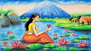 গ্রাম বাংলার দৃশ্য আঁকা | Water Lily Flower Drawing | Oil Pastel Art | Beautiful Woman #B.artwrok