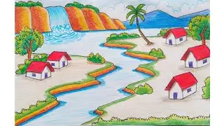 How to draw a village scenery and waterfall step-by-step | Easy drawing