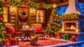 Cozy Christmas Cabin Ambience with Fireplace & Snowy Night | Warm Holiday Jazz Music