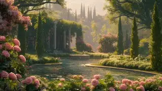 Soothing Sunset by a Fantasy Lake | Floral Bliss and Gentle Breeze