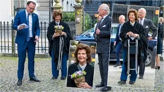 Queen Silvia with crutches at Stockholm Great Synagogue