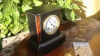French Vintage Old Antique Slate Mantel  Mantle  Clock  & Key Pendulum See Video