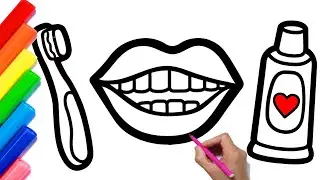 How to draw Toothbrush Mouth and toothpaste Coloring page for kids - Rainbow Teeth drawing for kids