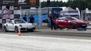 Tesla Model S Plaid vs Porsche 911 Turbo S 1/4 mile drag race