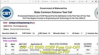 MHT-CET 2020 || Institute Wise allotted Cut-off || College Of Engineering, Pune ||6006|| CAP ROUND-2