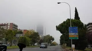 Madrid Skyline Skyscrapers Fog & Mist - Spain Car Driving Travel