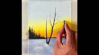 Winter sunset glow - oil pastel tree scenery