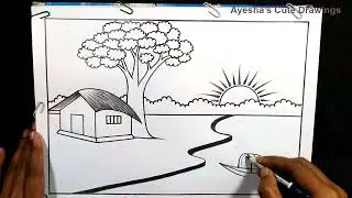 Nature drawing with pencil | প্রাকৃতিক দৃশ্য আঁকা । गाँव के दृश्य चित्रण | Easy landscape art