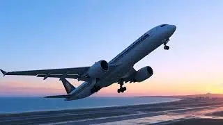 BLUE HOUR BLAST OFF: Singapore Airlines' Airbus A350-900 Soars Over Coastal Paradise in Breathtaking
