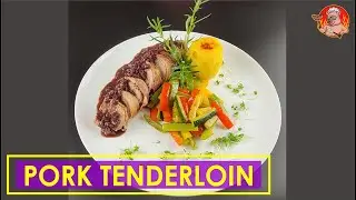Pork Tenderloin Wrapped in Bacon, Fondant Potato, Vegetables battonet and Red wine sauce