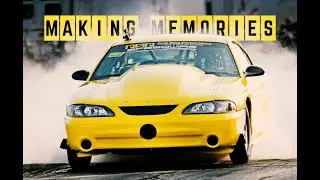 Yellow Mustang does wheelie at half track