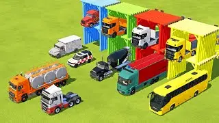 TRANSPORTING MERCEDES MINI BUS, VOLKSWAGEN POLICE, FORD POLICE, MERCEDES FIRE TRUCK TO GARAGE | FS22