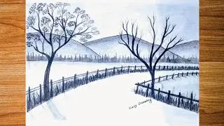 How to draw road with tree, Simple pencil drawing pictures