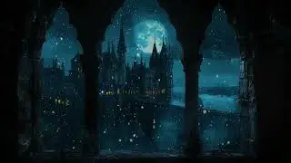 Hogwarts Snowy Winter Night Window | Peaceful Castle Ambience with Soft Wind for Study & Relaxation