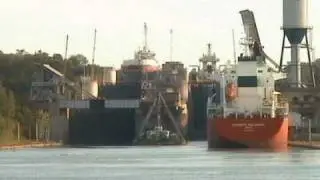 Ships moving through locks 4, 5, and 6 on the Welland Canal in the St. Lawrence Seaway - Time Lapse