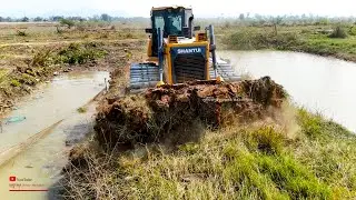 Great Smart Dozer Cutting Slope Clear Into Water, Skills Operator SHANTUI Bulldozer Trimming Dirt