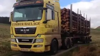MAN TGX 540 logging truck timber haulage Scottish Borders / Northumberland hauling route footage