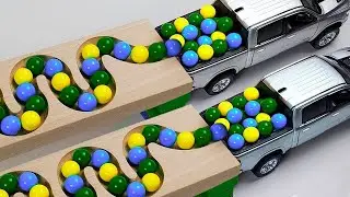Marble Run Race ☆ HABA Slope & Retro Makita Truck, Excavator, Garbage Truck, Dump Truck, Lamborghini