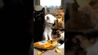Four Cats Eating Chips 😋