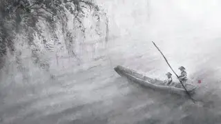 Картина тушью, пейзаж, река 