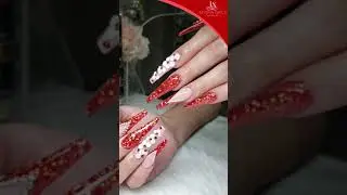 💎 🌸  Dise&ntilde;o de u&ntilde;as con flores en 3D y cristales utilizando acr&iacute;lico nude y rojo, corte con navaja.