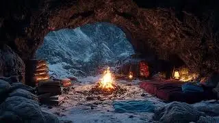 Winter Cave Night Ambience ❄️ | Warm Fireplace Glow with Icy Wind Sounds for Stress Relief