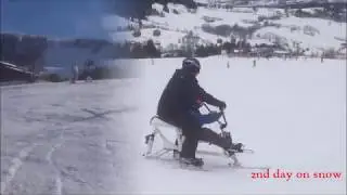 Snowbike-Skibike-Skibob Tandem. Snowbike Schule f&uuml;r Behinderte. Skiing day with the Skibob MadMax